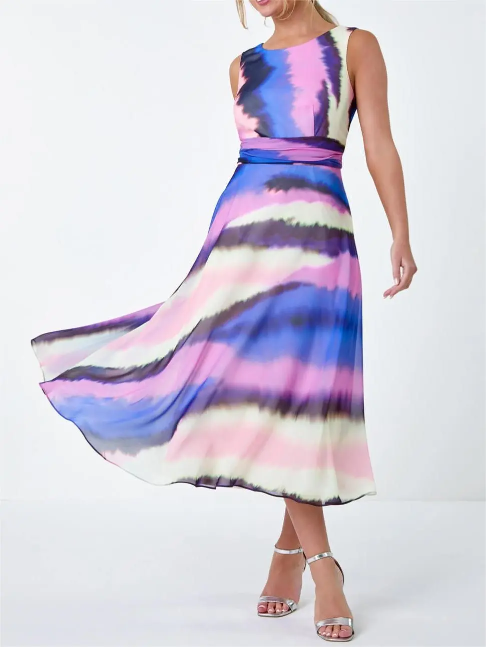 Purple Sleeveless Abstract Print Midi Dress