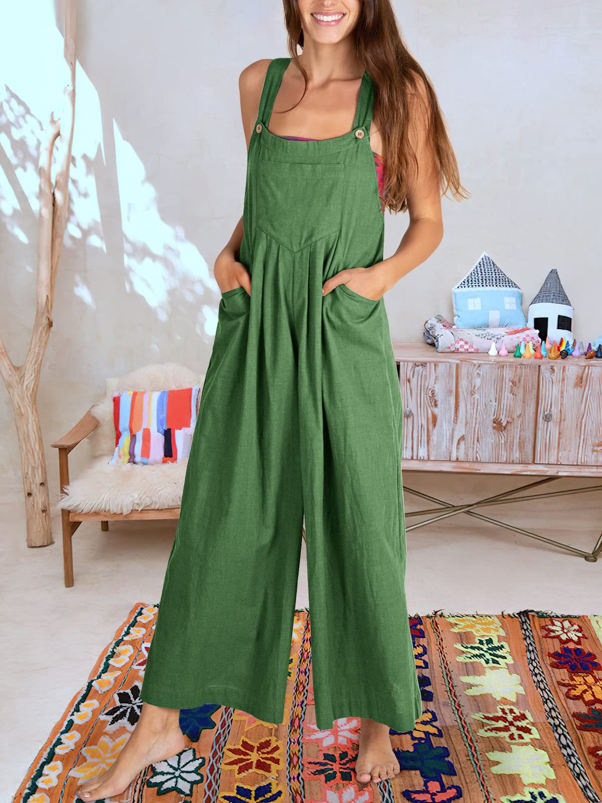 Solid Color Loose Casual Cotton And Linen Suspender Jumpsuit