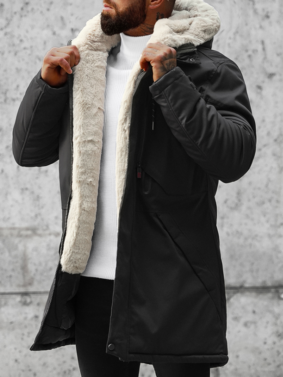 Men's winter hooded sherpa black cotton jacket