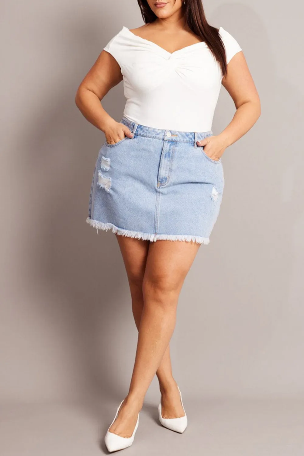 Denim Distressed High Waist Mini Skirt