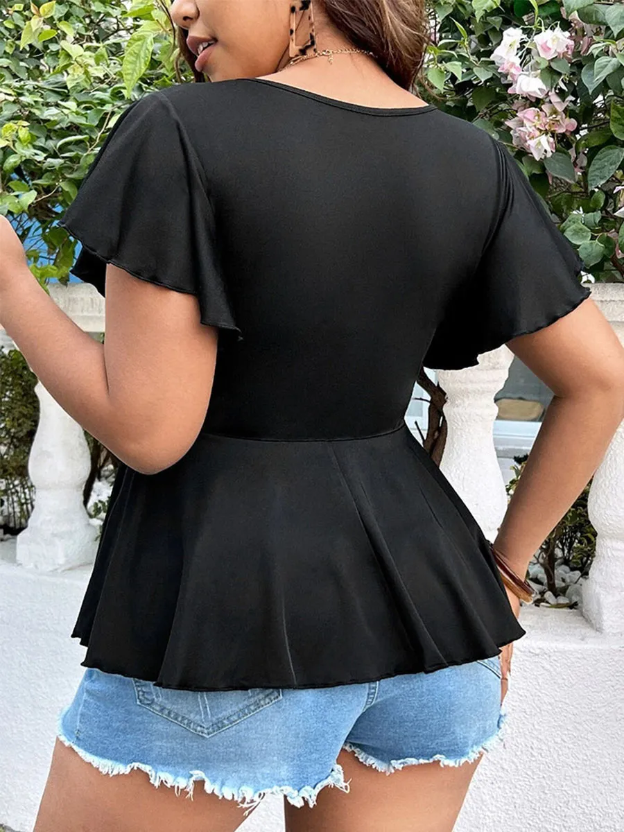 Fake Button Butterfly Sleeve Peplum Tee