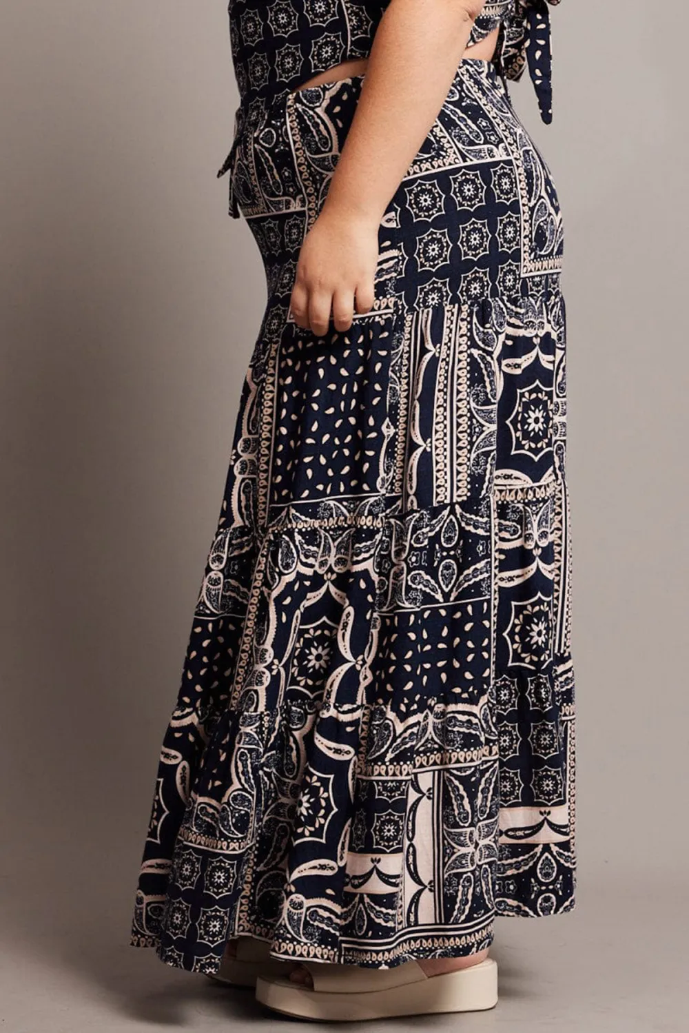 Blue Abstract Tiered Maxi Skirt