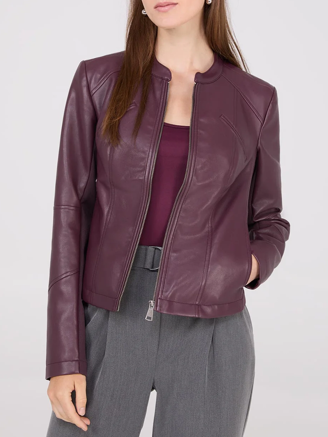 Collarless Faux Leather Jacket