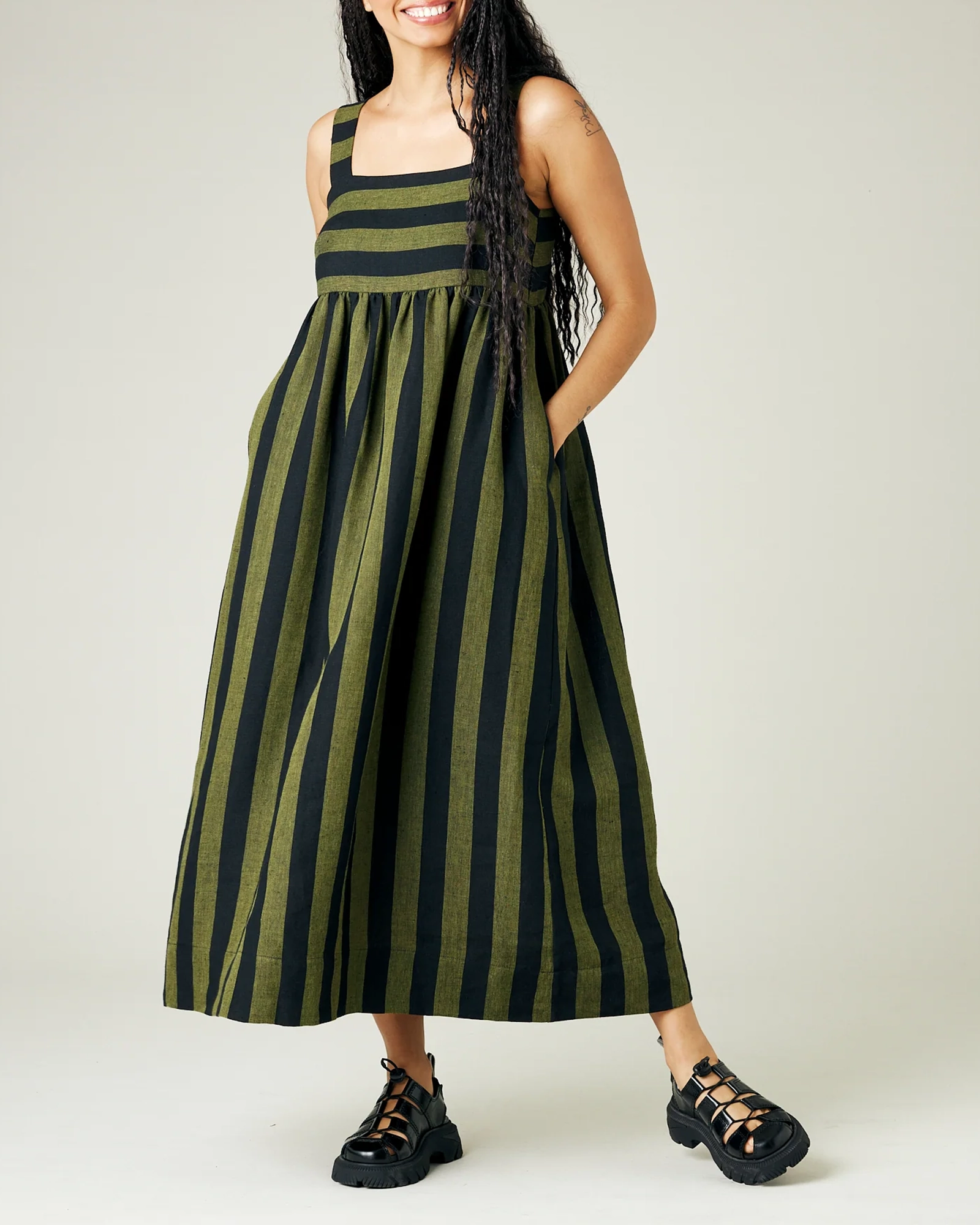 OLIVE & BLACK STRIPE LINEN DRESS