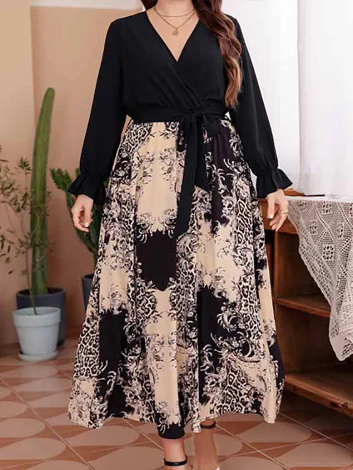 Plus Black Floral Lantern Sleeve Crisscross Wrap Maxi Dress