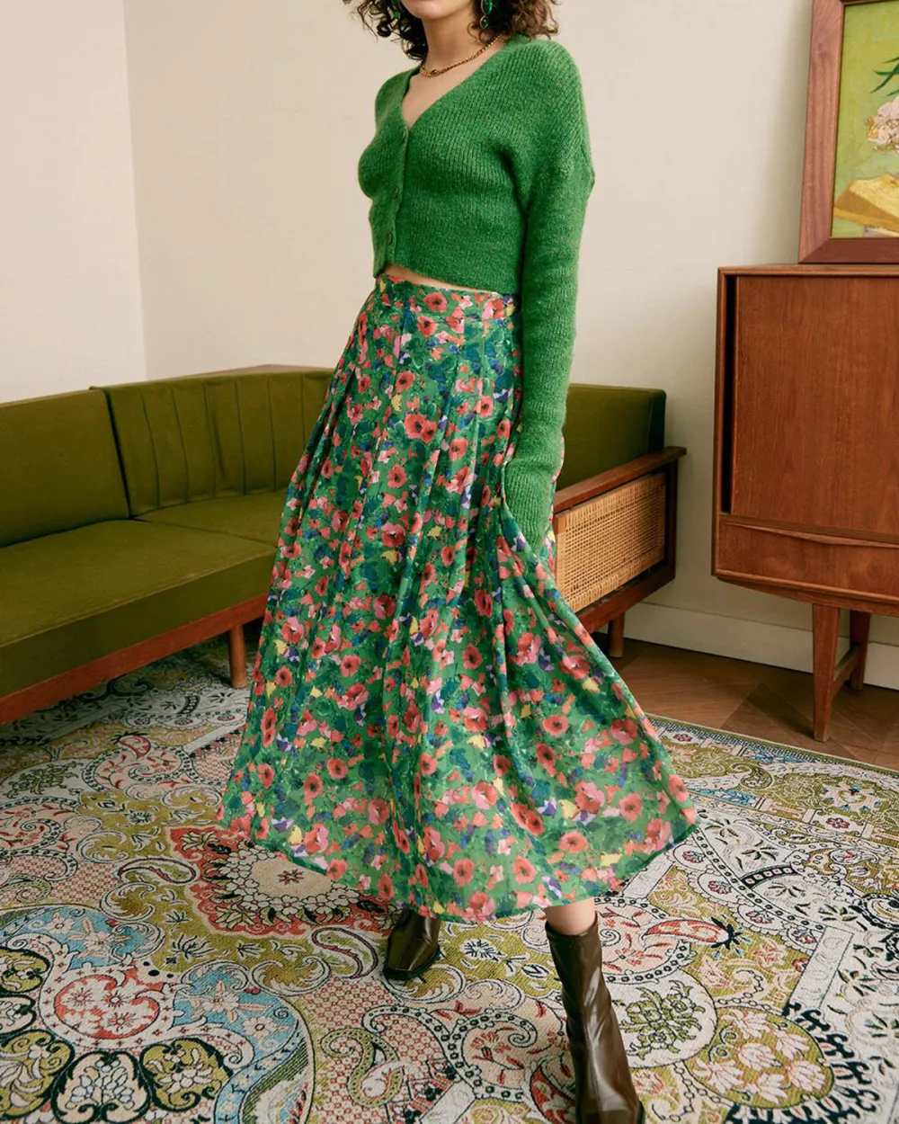 Green floral print flowy skirt