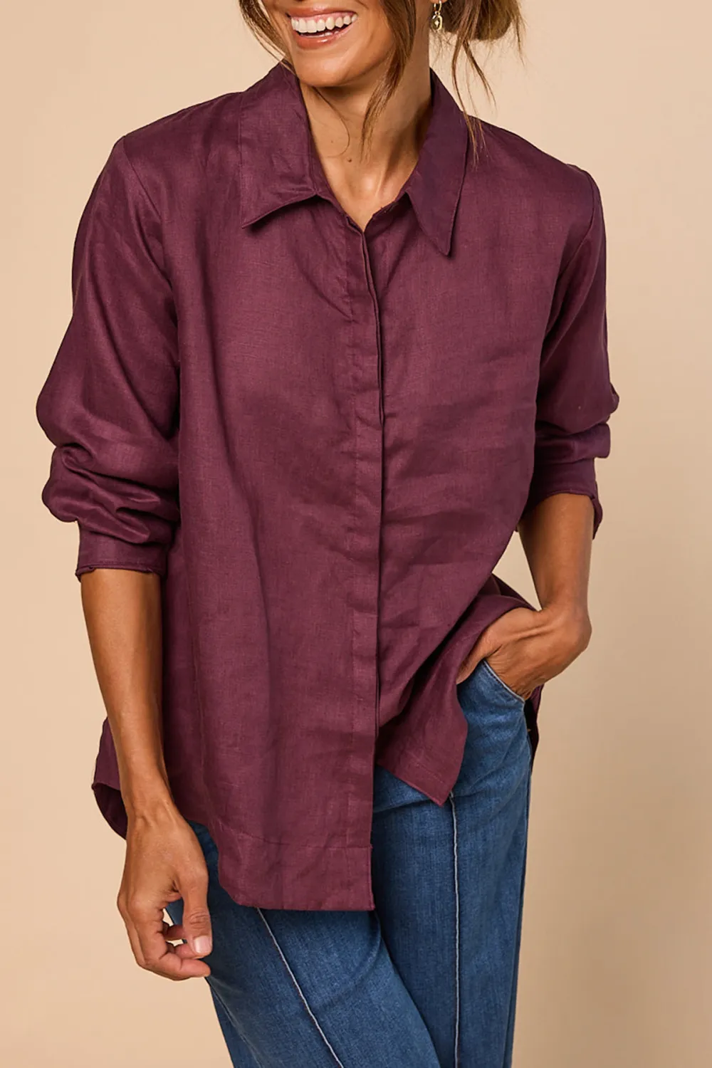 Oversized Linen Boyfriend Shirt In Plum