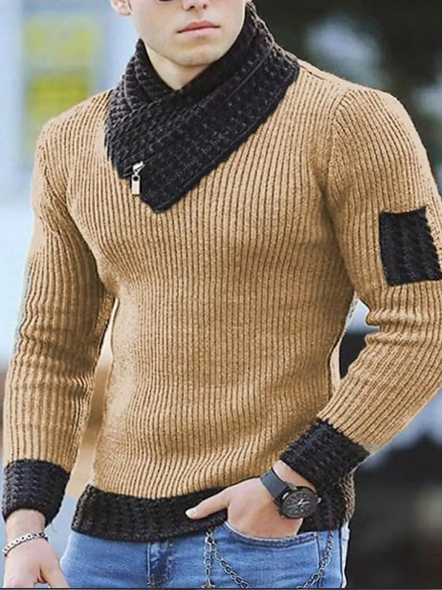 Men's Turtleneck Pullover Scarf Long Sleeve Casual Knit Sweater