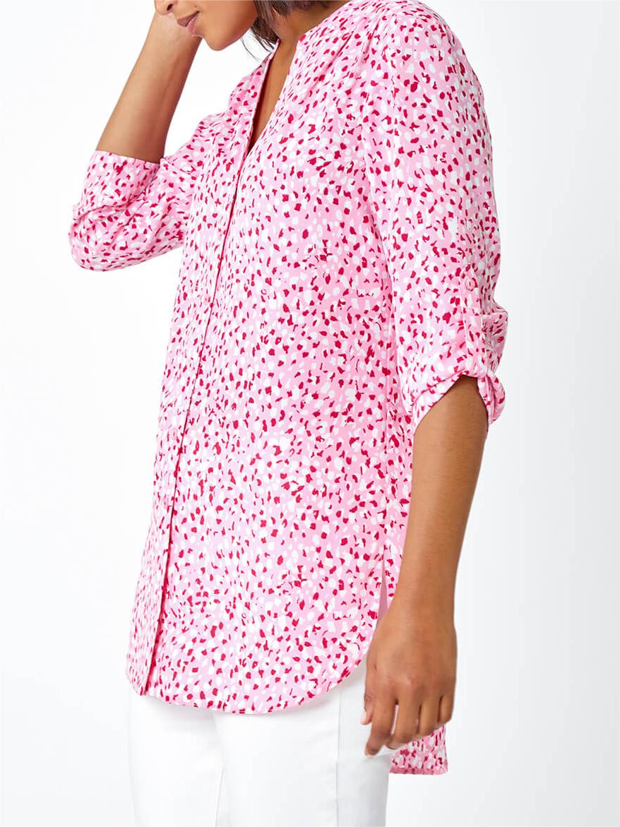 Pink Print Button Up V-Neck Blouse