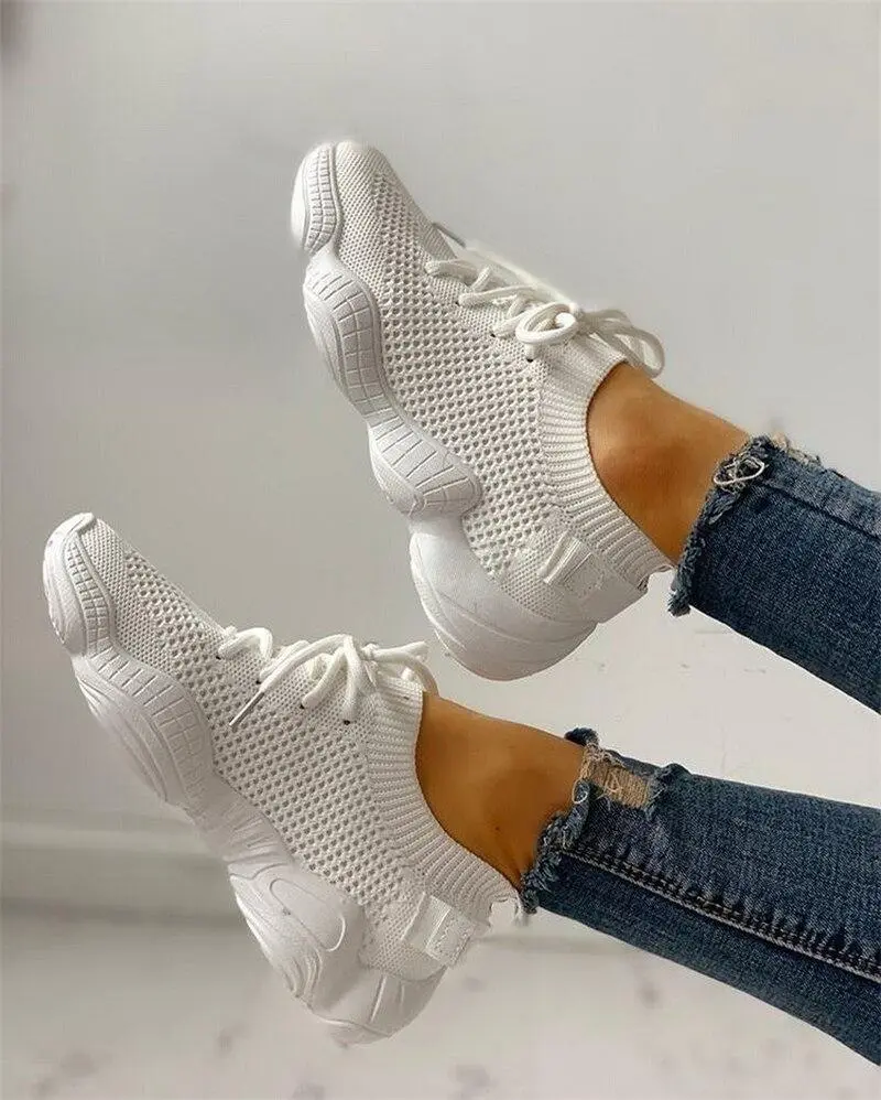 Mesh Sneakers Women Lace Up Stretch Fabric Platform Flat Vulcanized Breathable Fashion Casual Shoes Women