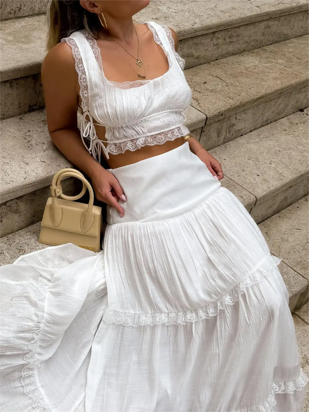 Elegant Lace-up Slip Skirt Two-piece Set