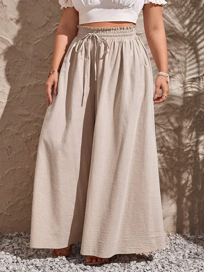 Elastic Waist Drawstring Pocket Wide Leg Pants