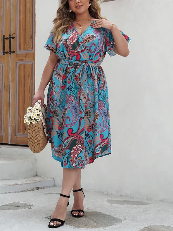 Paisley Print Wrap Belted Curve Hem Dress