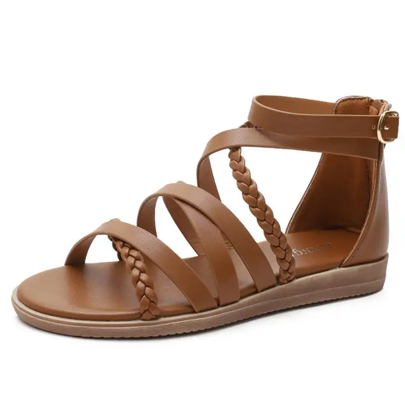 Cilool Ankle Buckle Design Round Toe Retro Sandals