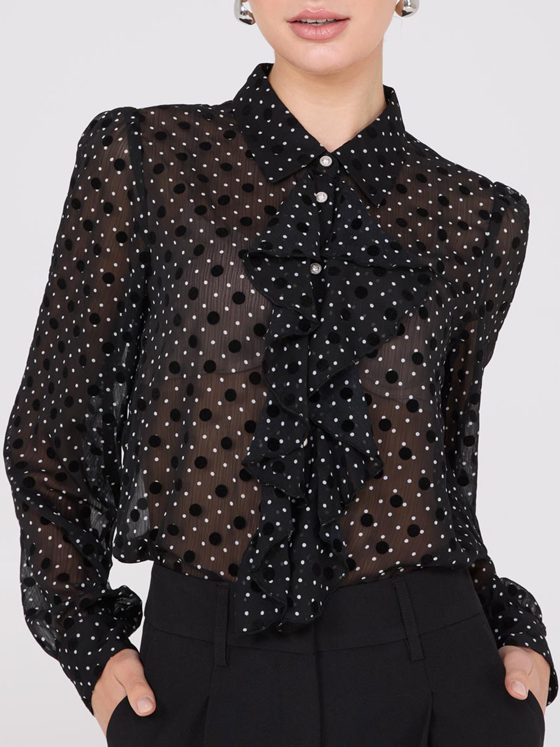 Dot Print Ruffle Button-Front Blouse