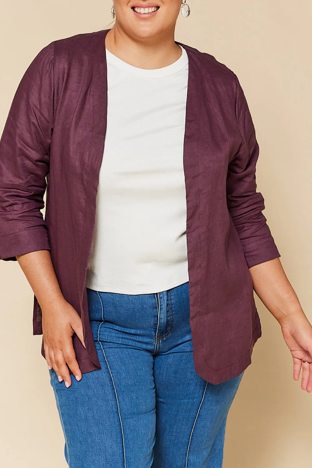 Short Linen Duster Jacket In Plum