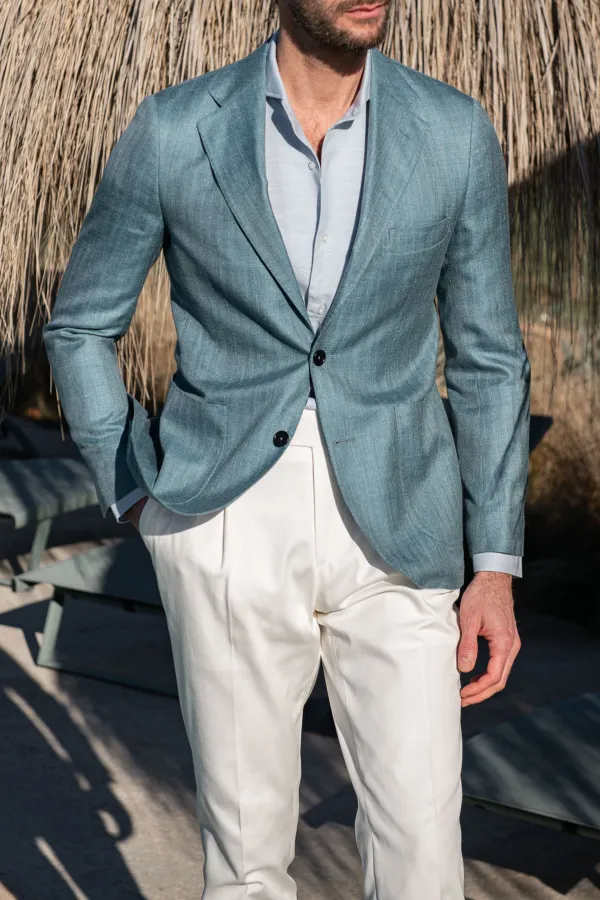 Water Green Herringbone Jacket In Loro Piana Wool Silk And Linen