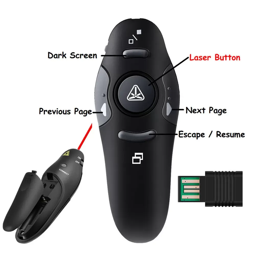 Powerpoint Clicker with Laser Pointer Presentation Remote Control and Red Light Point Universal RC RF 2.4GHz Wireless USB PPT Presenter Controller Sli