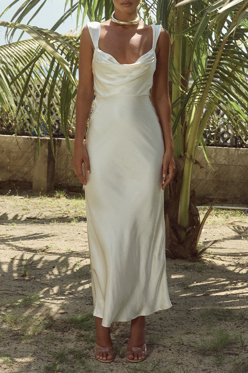 White silky fabric gown midi dress