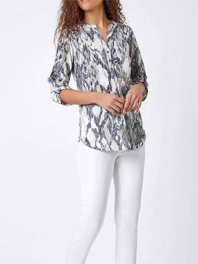 Grey Textured Animal Print V-Neck Stretch Shirt