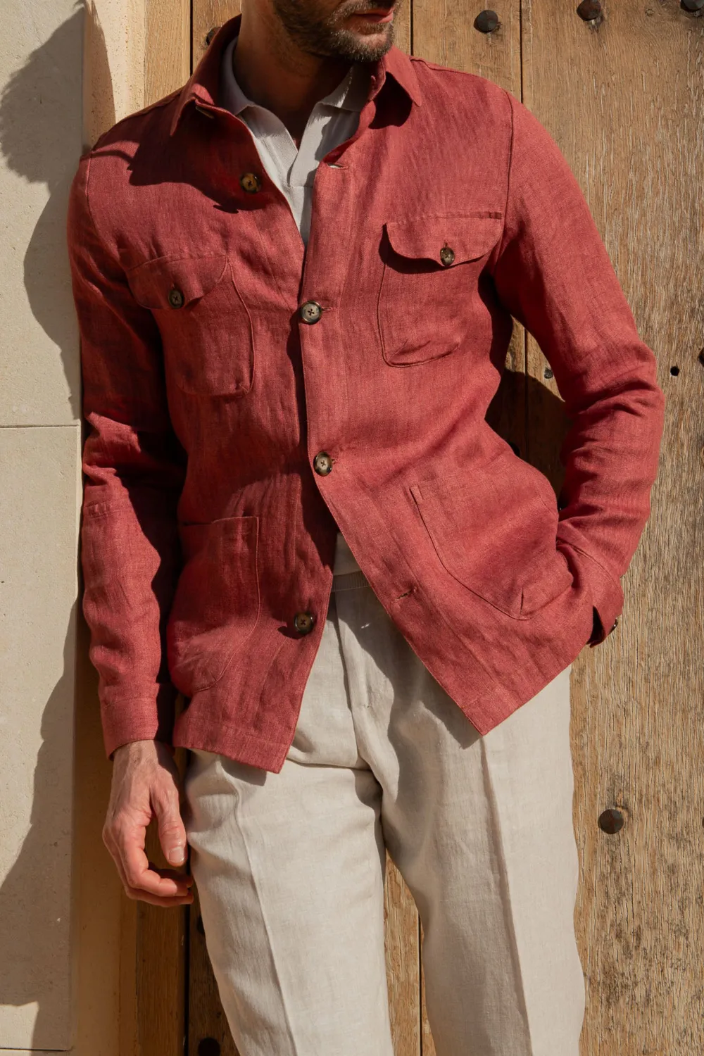 Red Herringbone Linen Safari Jacket