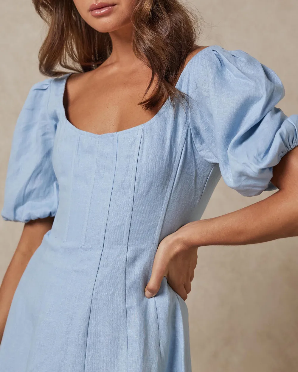 Linen Puff Sleeve Classic Midi Dress