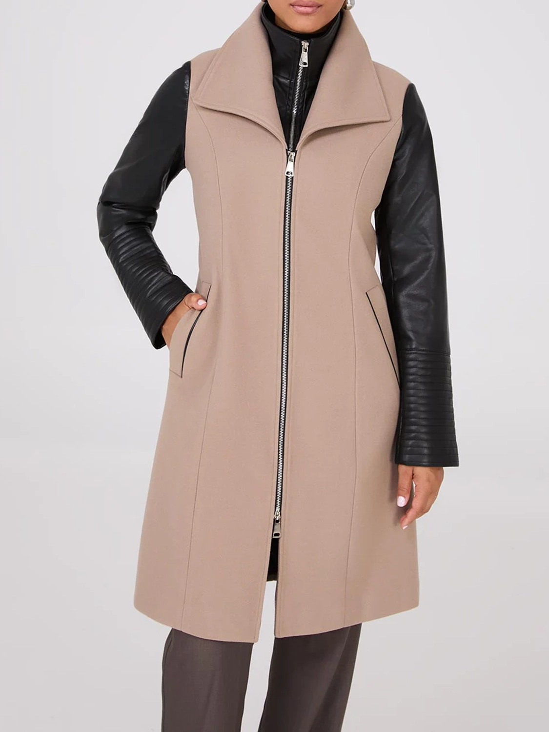 Mid-Length Coat With Faux Leather Details