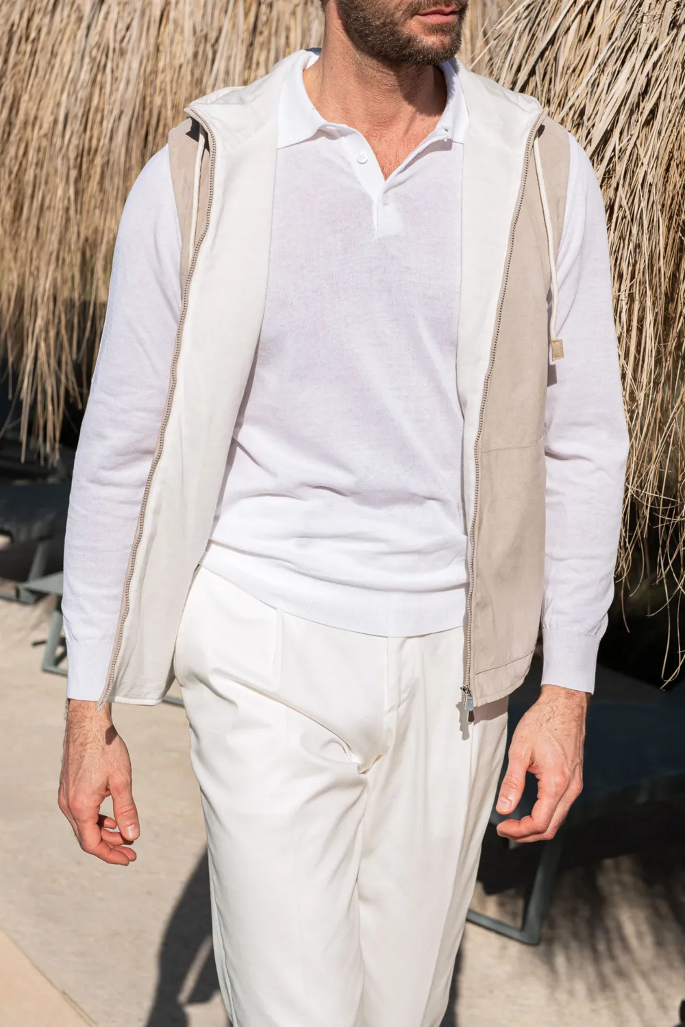 SAND ALCANTARA HOODED VEST