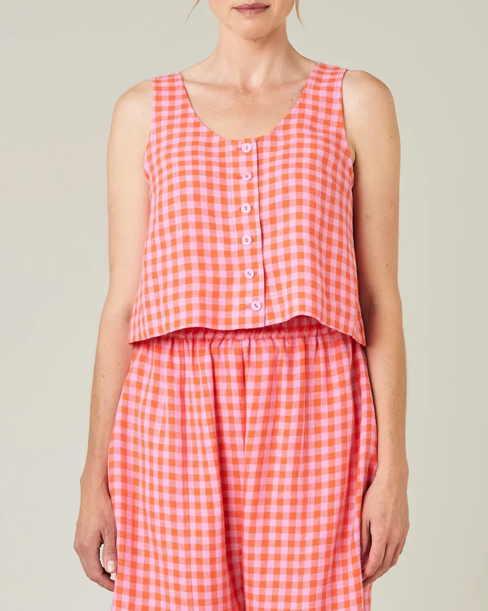 BETTY TOMATO & PINK CHECK LINEN TOP