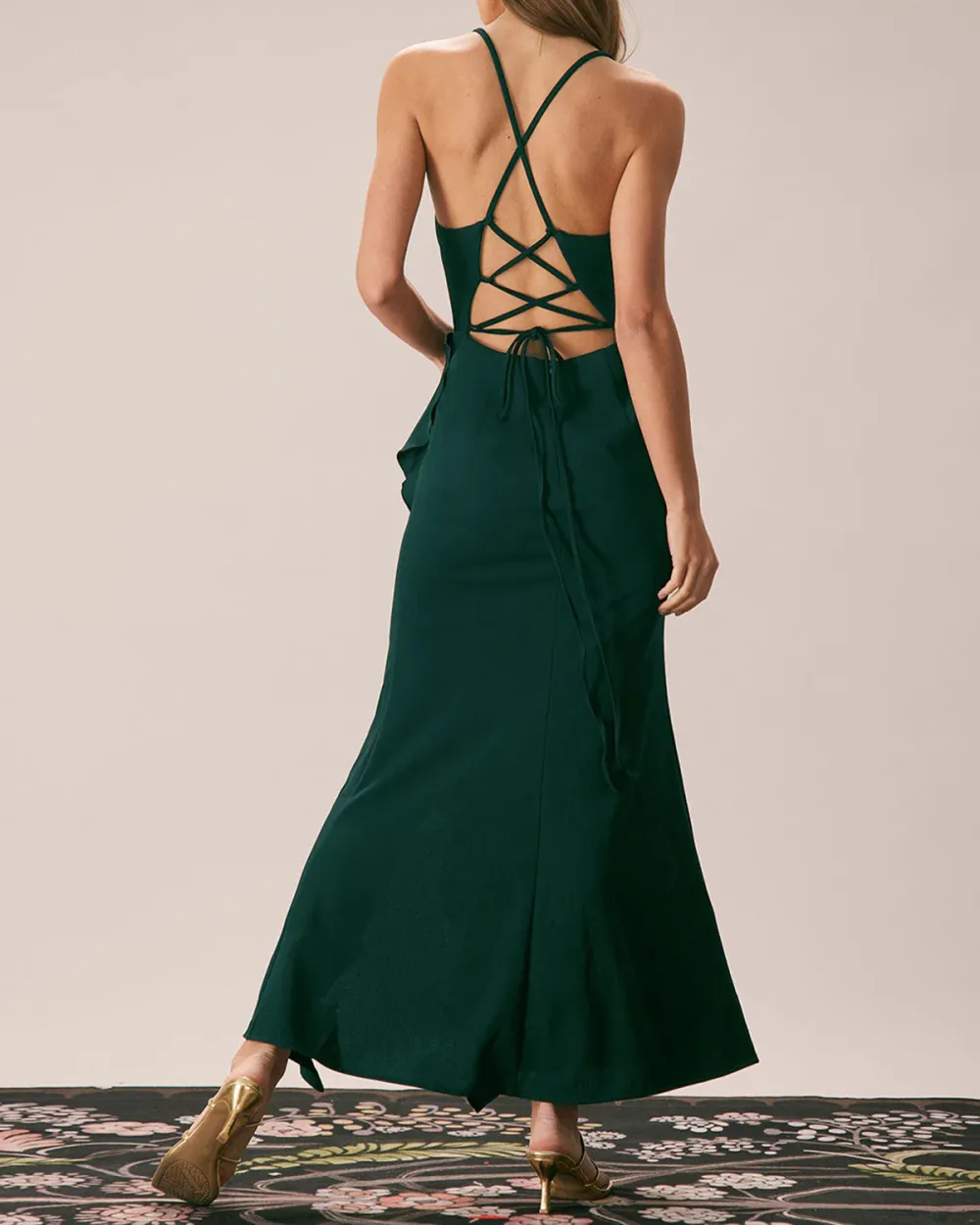 Dark green back cross strap long dress