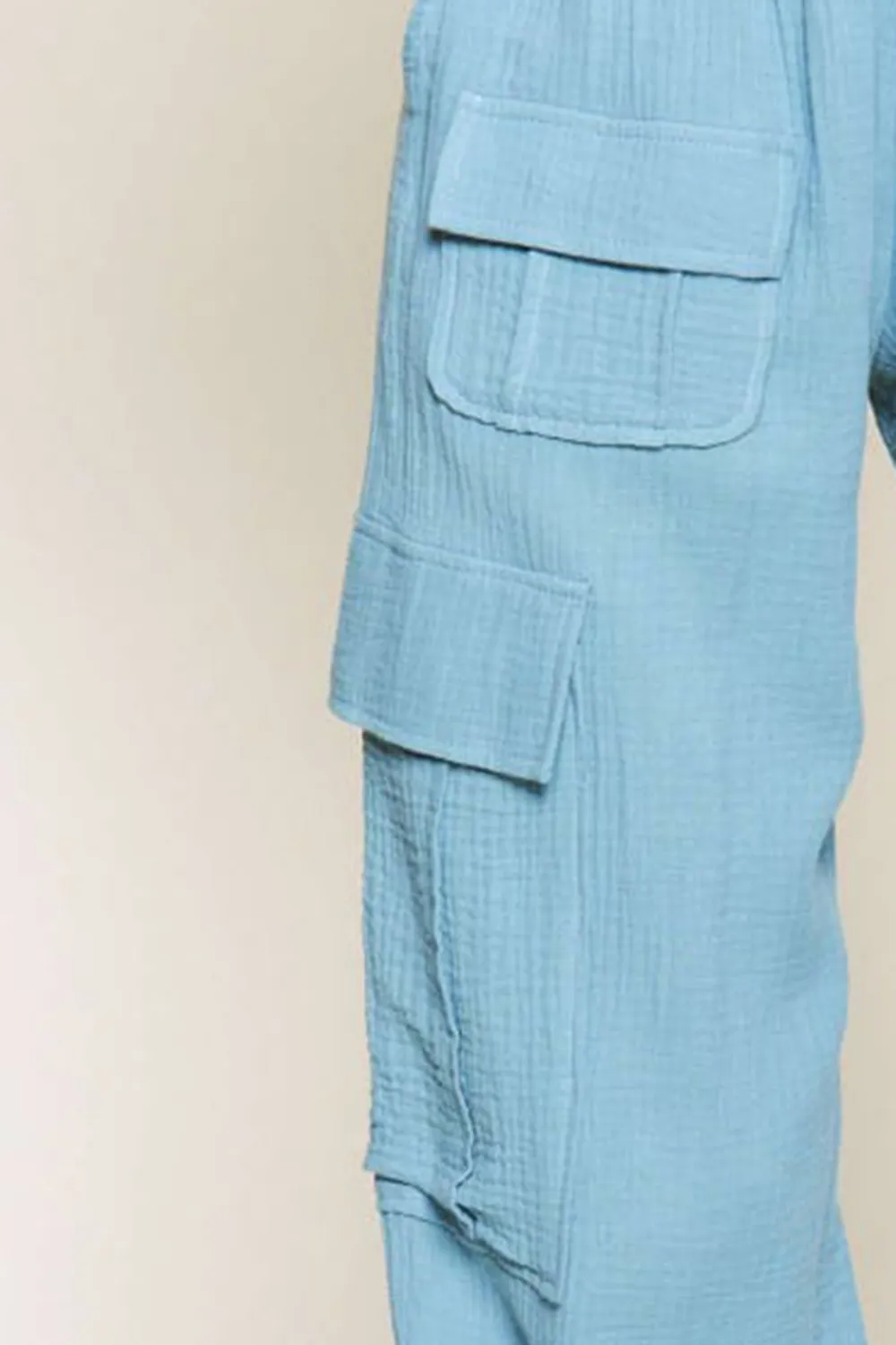 DUSTY BLUE LINEN WIDE LEG CARGO PANTS