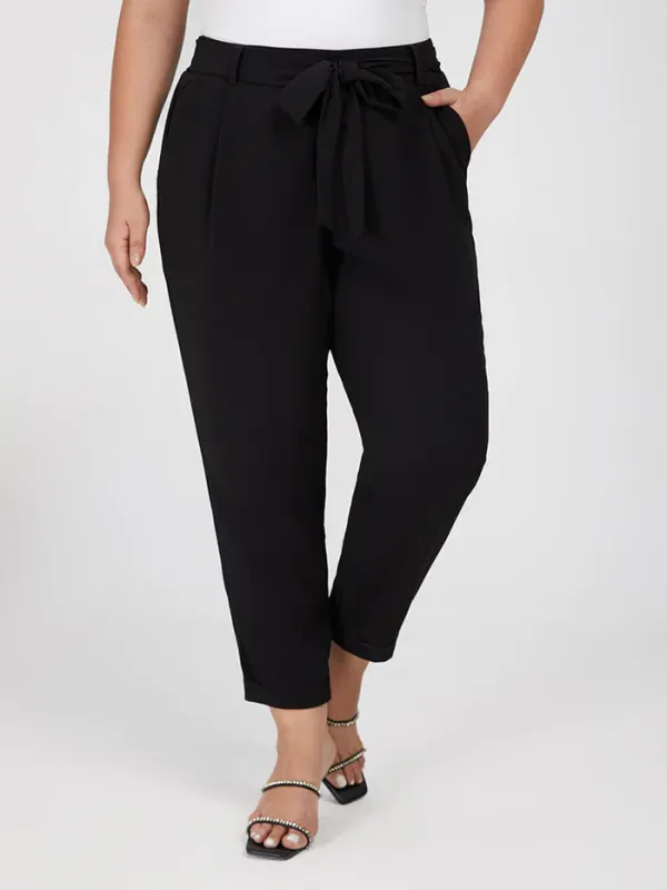 Plus Black Solid Tie Elastic Waist Pants