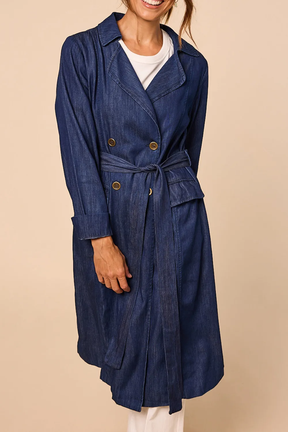 Avalee Long Line Tencel Trench Coat In Dark Wash