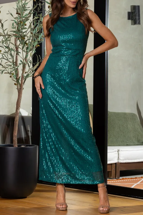 DARK GREEN SEQUIN ROUND NECK SLEEVELESS SIDE SLIT MAXI