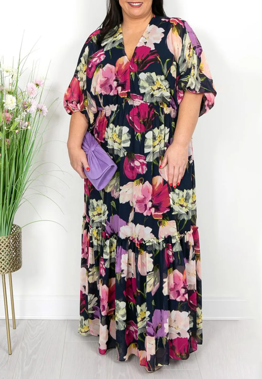 Navy and Pink Floral Maxi Dress