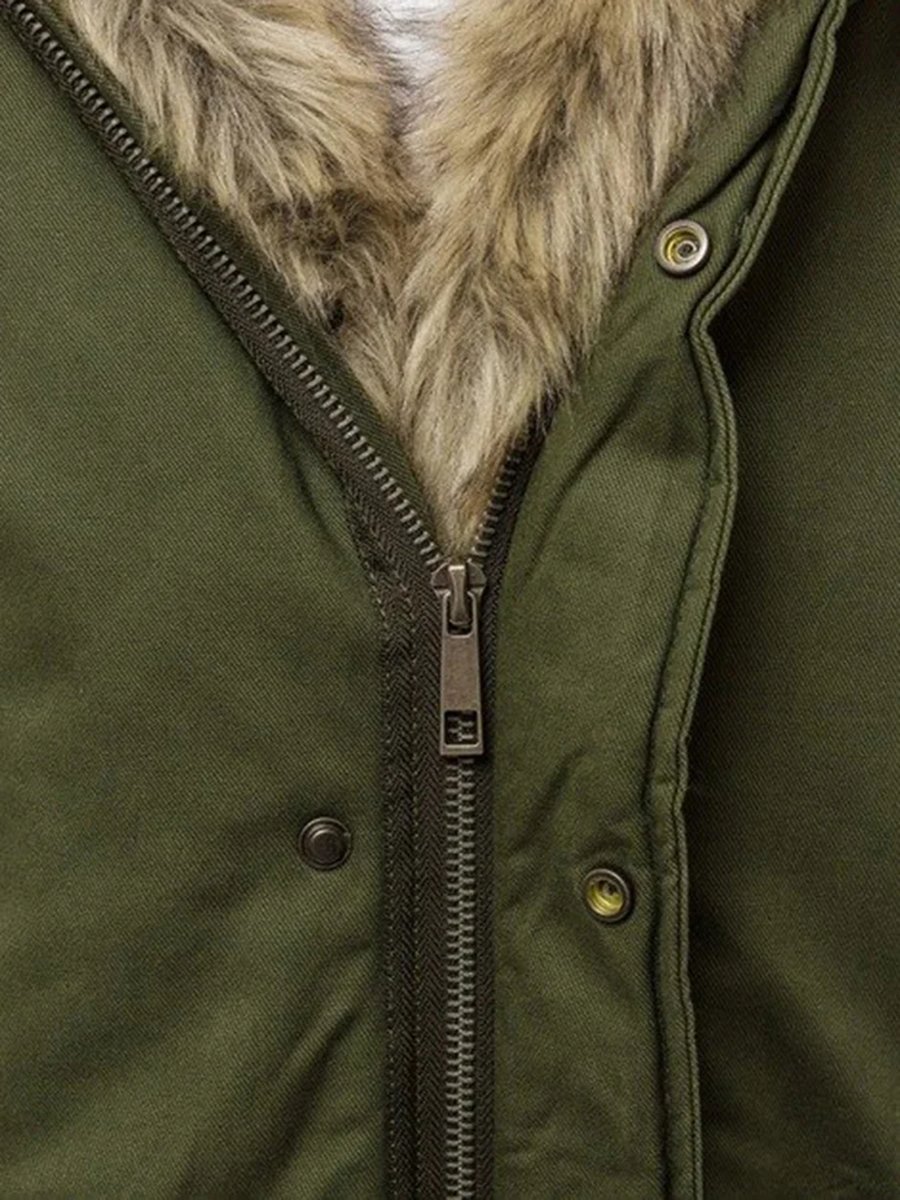 Men's Army Green Fur Collar Hooded Cotton Jacket