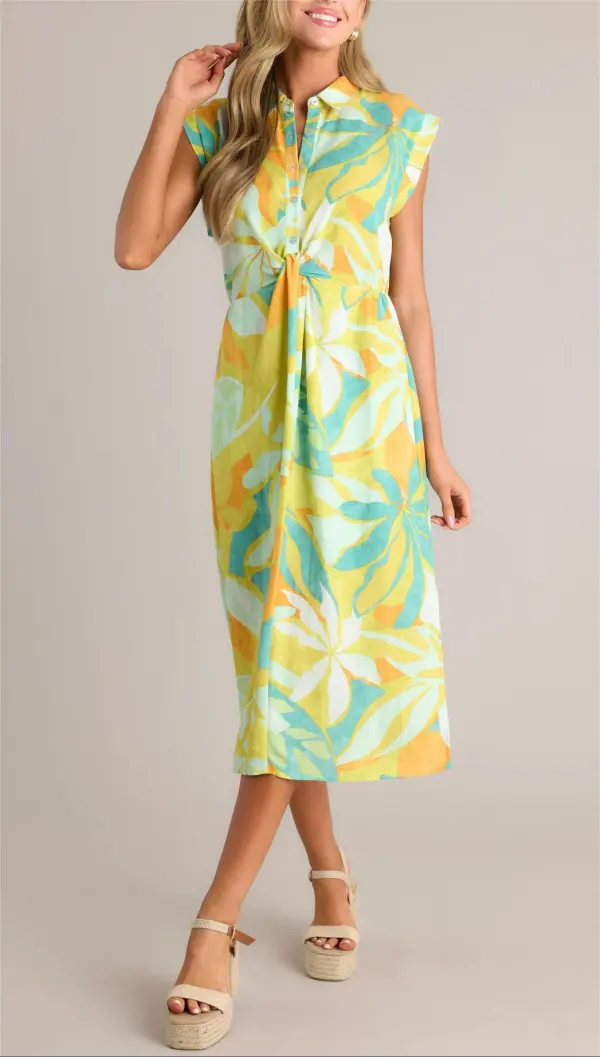 LIVE YOUR BEST LIFE LIME GREEN TROPICAL PRINT MIDI DRESS