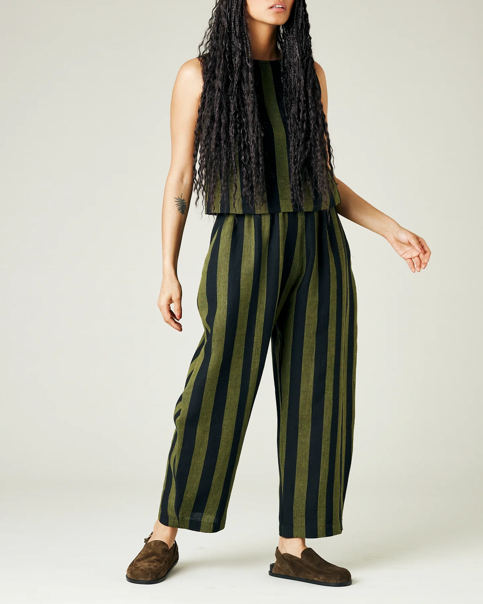 OLIVE AND BLACK STRIPE LINEN TROUSERS