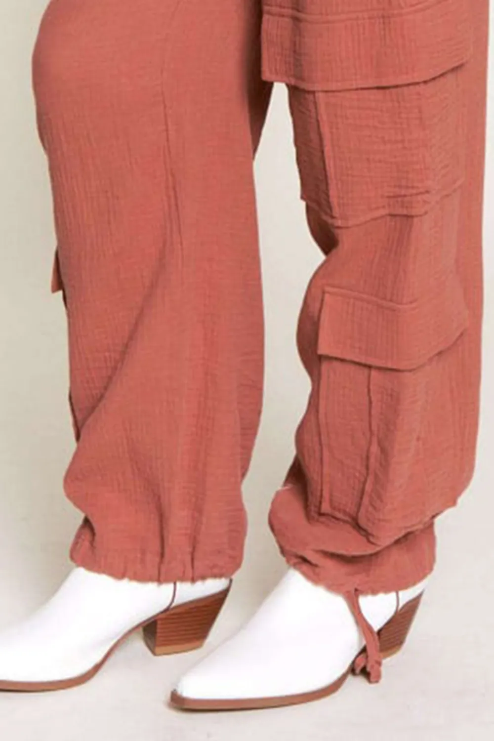 TERRACOTTA LINEN WIDE LEG CARGO PANTS