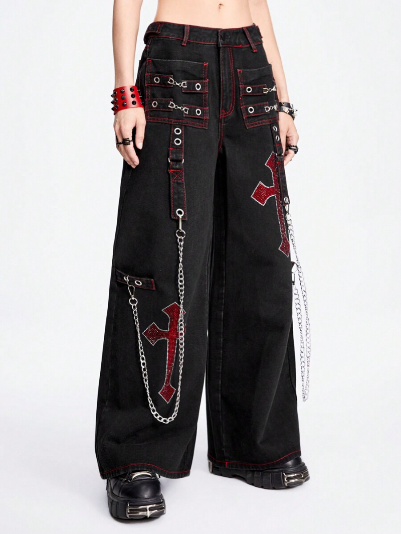 Grunge Punk Ladies Rhinestone Cross Embroidery Chicken Eye Design Wide Leg Loose Casual Jeans