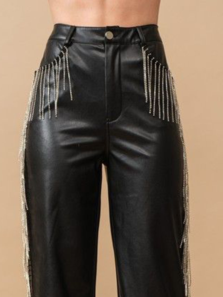 Rhinestone Fringe Leather Pants