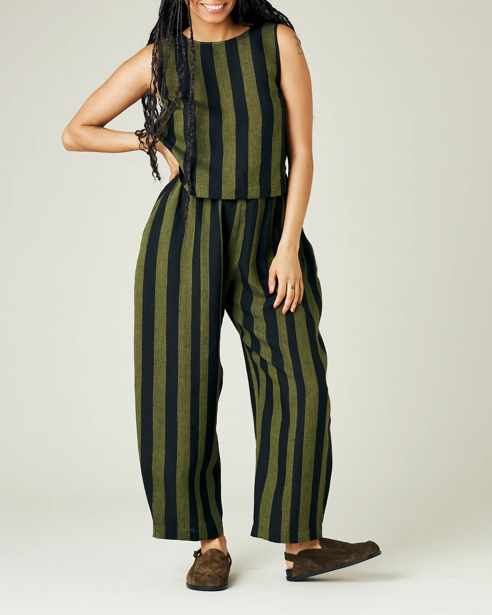 OLIVE AND BLACK STRIPE LINEN TROUSERS