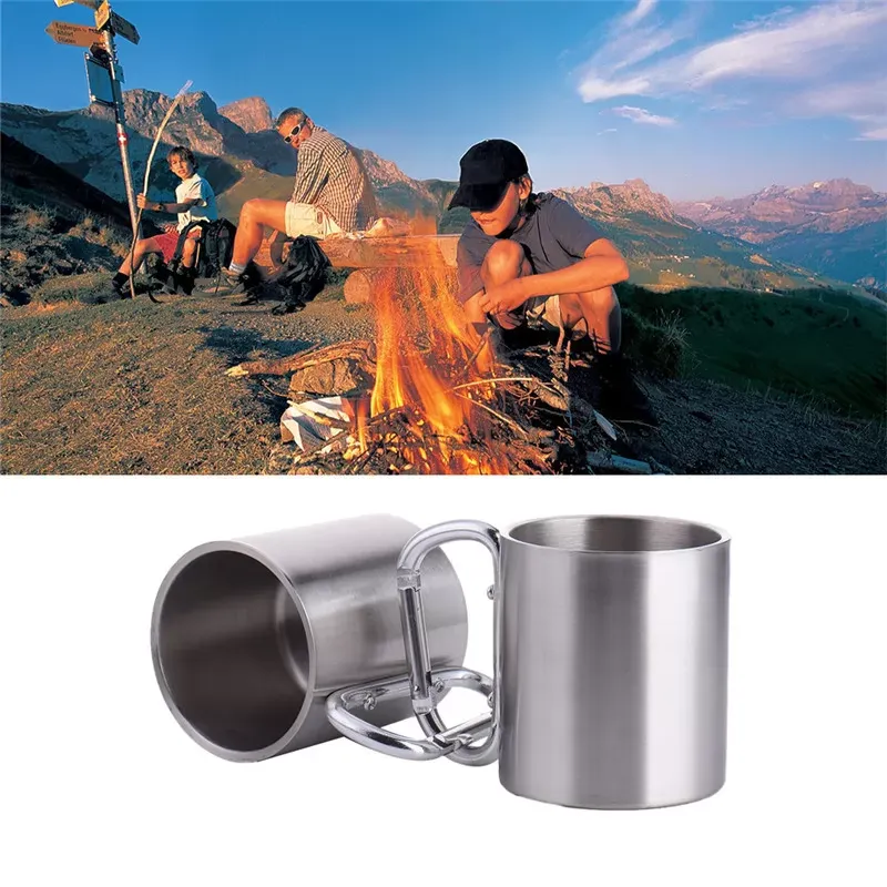 Portable 180ml Stainless Steel Metal Cup Hiking Camping Traveling Outdoor Carabiner Climbing Cups Double Wall Mug with D-Ring Self-Lock Carabiner Hook