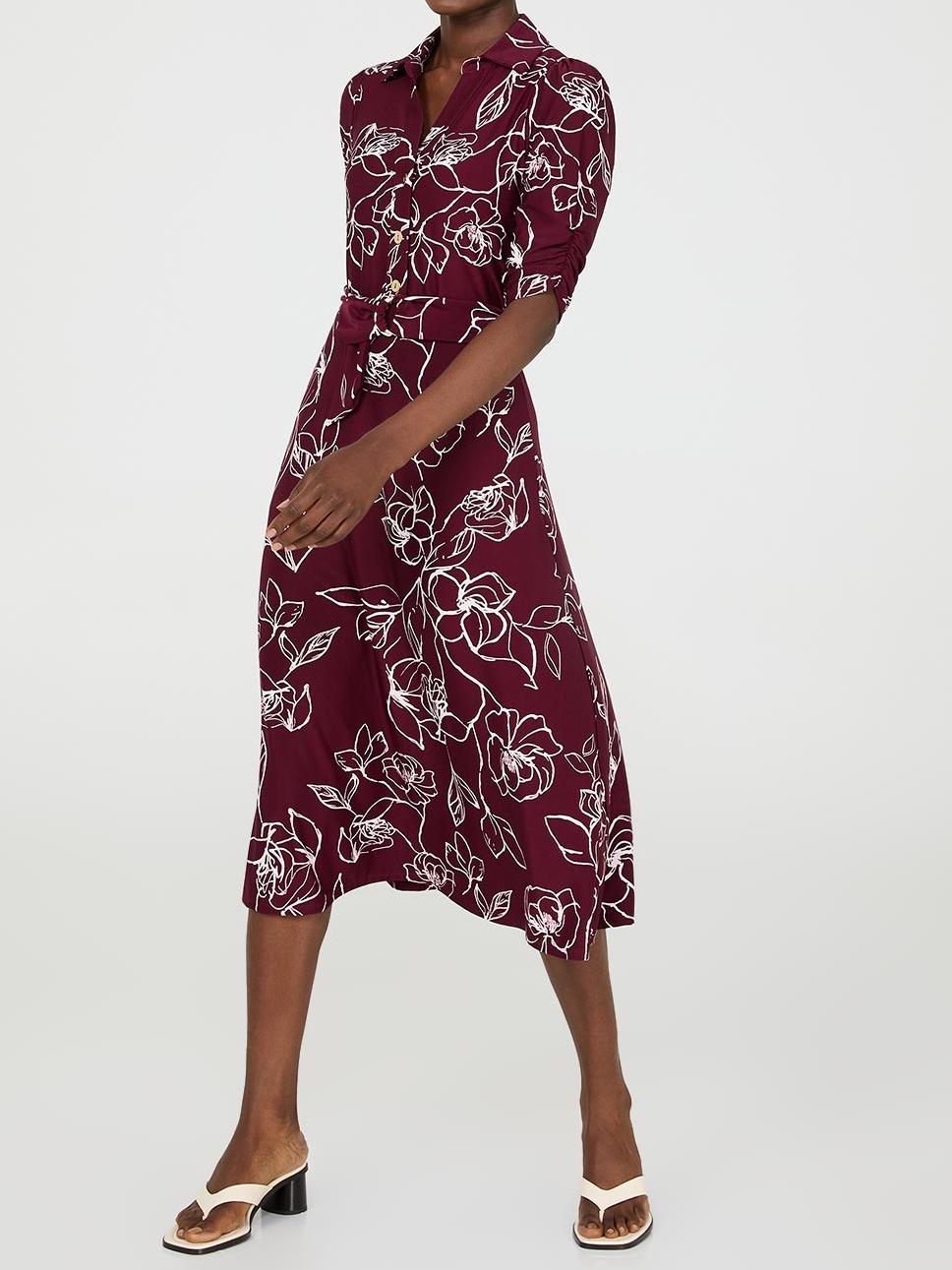 Floral Print Button-Front Midi Dress With Pockets