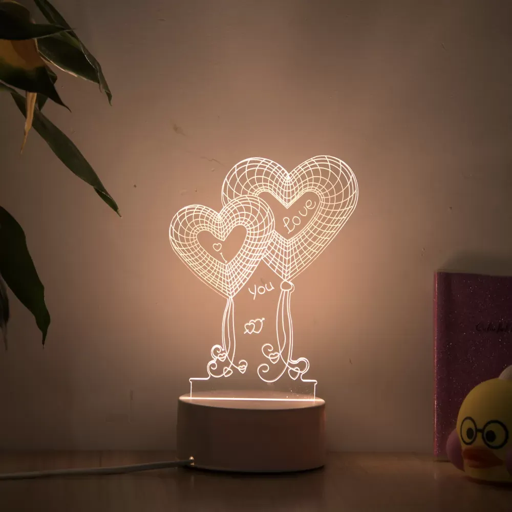 Romantic Love 3D Lamp Heart-shaped Balloon Acrylic LED Night Light Decorative Table Lamp Valentine's Day Sweetheart Wife's Gift