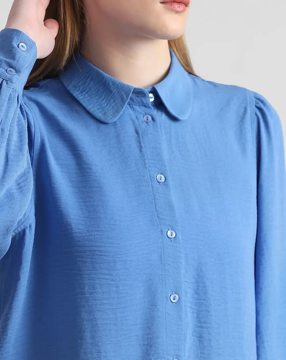 Blue Puff Sleeves Textured Shirt