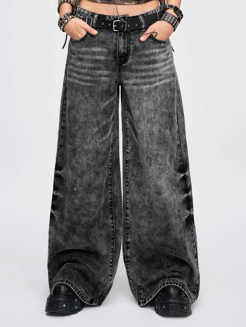 Grunge Punk Grunge Style Vintage Snow Washed Wide Leg Jeans For Women, Streetwear