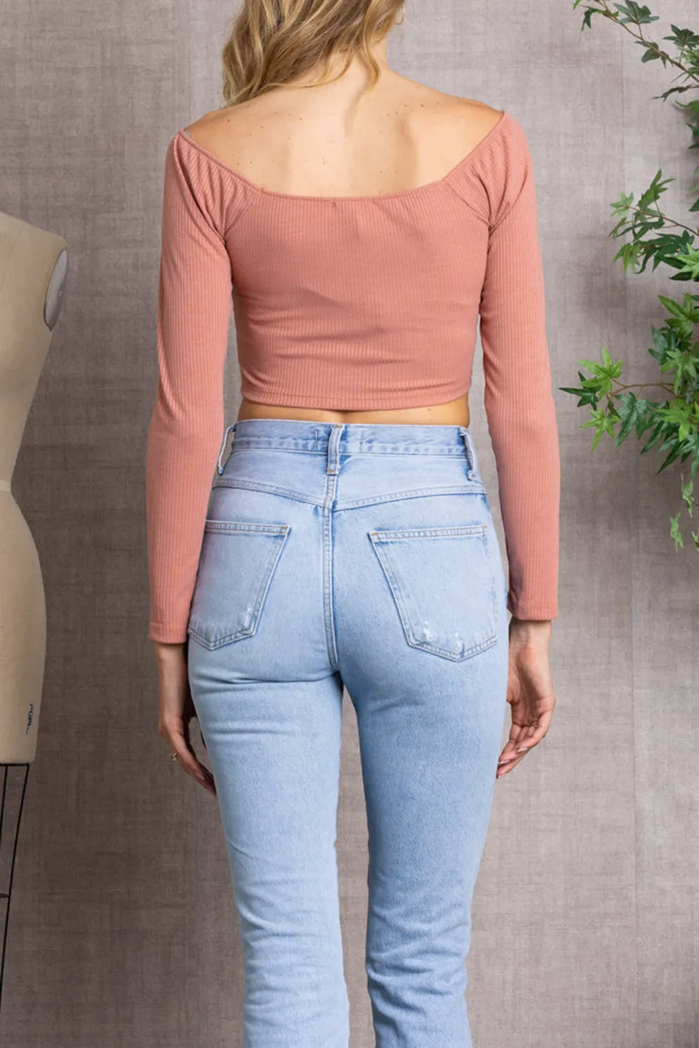 MAUVE SPRUCE RIBBED LONG SLEEVES V-CUT HEMLINE CROP