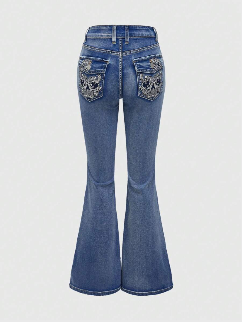 Grunge Punk Punk Style Skull Embroidered Slim Fit Women Flared Denim Jeans