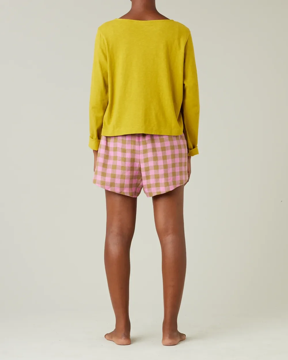 PINK & OLIVE CHECK LINEN SHORT